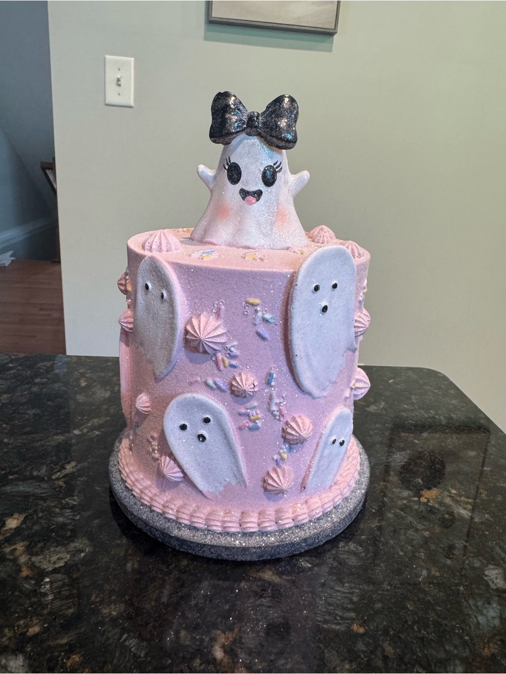 Pink Faux Cake Ghost Girl Topper Halloween Pastel Goth Decor Black Bow NEW 7”